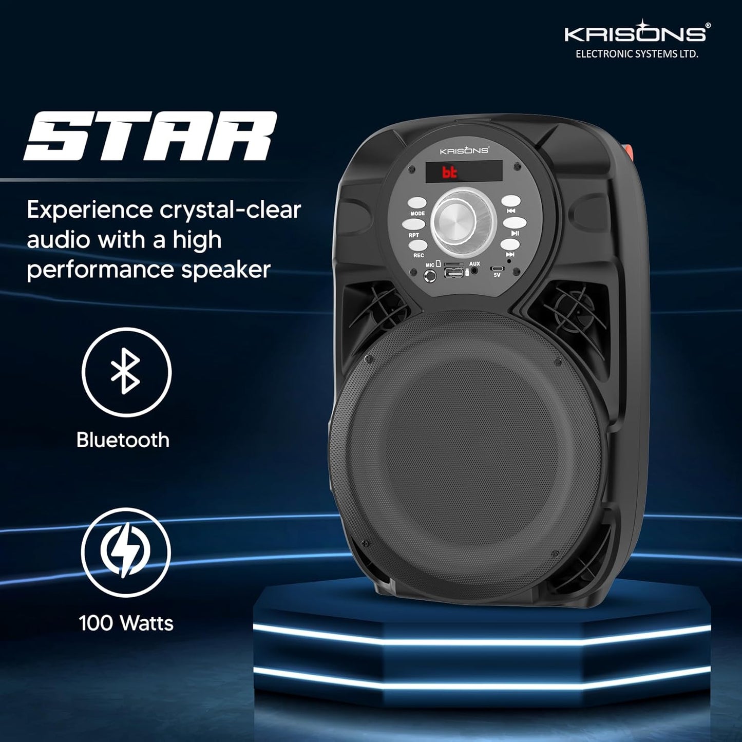 Krisons Star 100W Bluetooth Party Speaker with Built In wheels, Immersive Visual Display, Personalized Karaoke, Push Control - Volume, bass, treble and echo adjustments, Versatile Connectivity Options