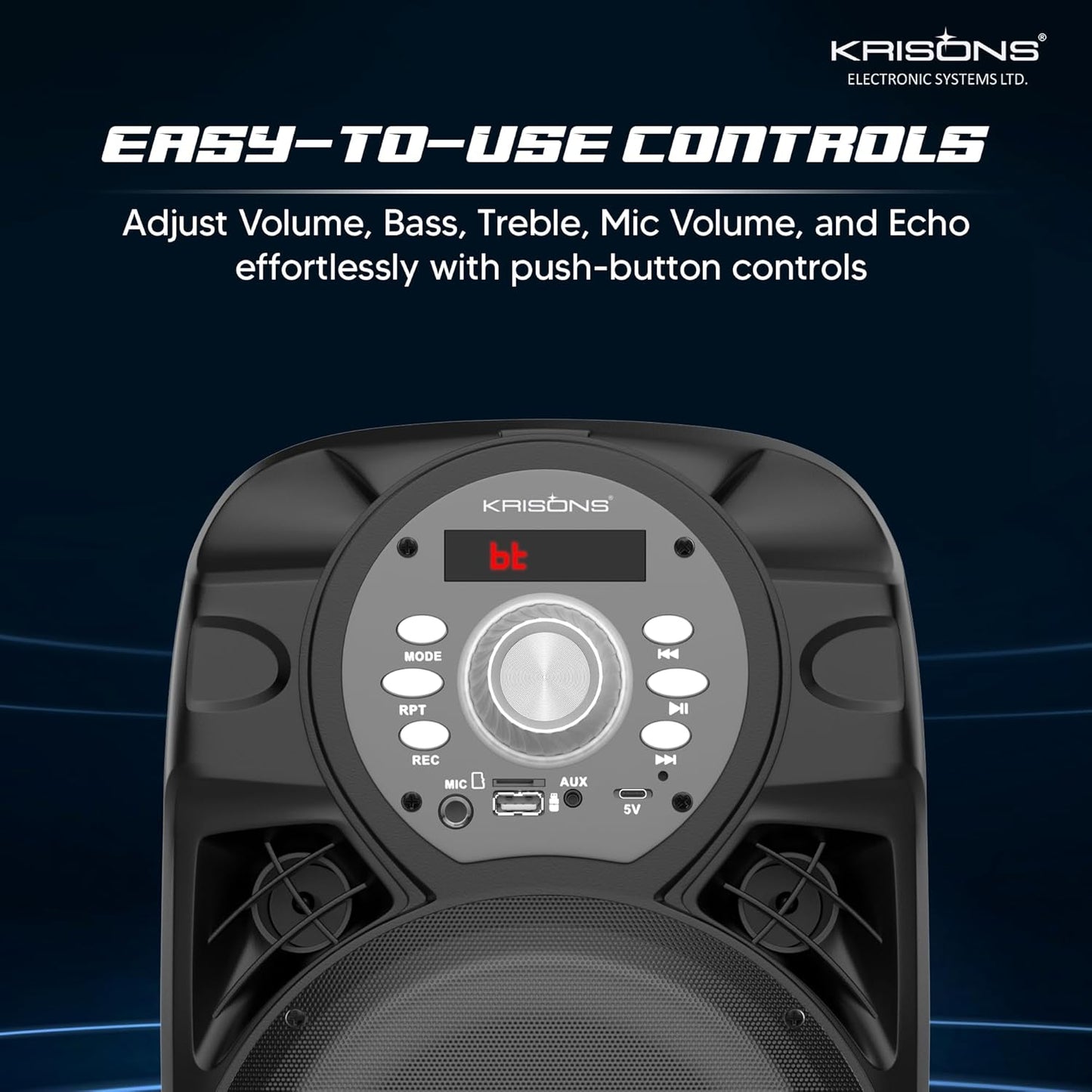Krisons Star 100W Bluetooth Party Speaker with Built In wheels, Immersive Visual Display, Personalized Karaoke, Push Control - Volume, bass, treble and echo adjustments, Versatile Connectivity Options