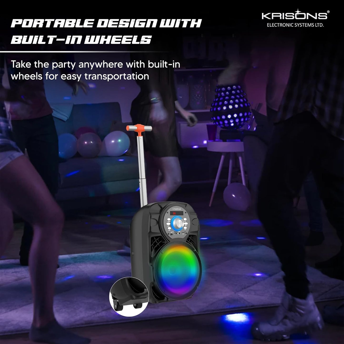 Krisons Star 100W Bluetooth Party Speaker with Built In wheels, Immersive Visual Display, Personalized Karaoke, Push Control - Volume, bass, treble and echo adjustments, Versatile Connectivity Options