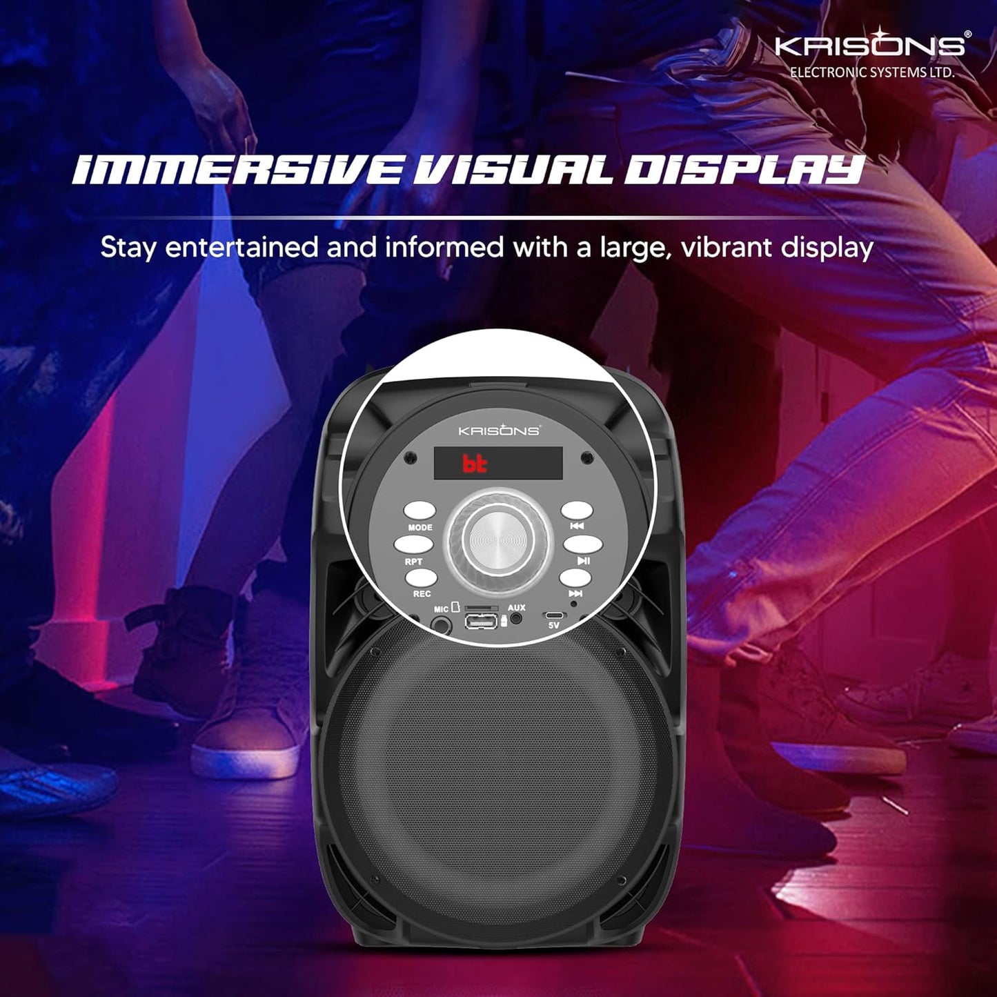Krisons Star 100W Bluetooth Party Speaker with Built In wheels, Immersive Visual Display, Personalized Karaoke, Push Control - Volume, bass, treble and echo adjustments, Versatile Connectivity Options