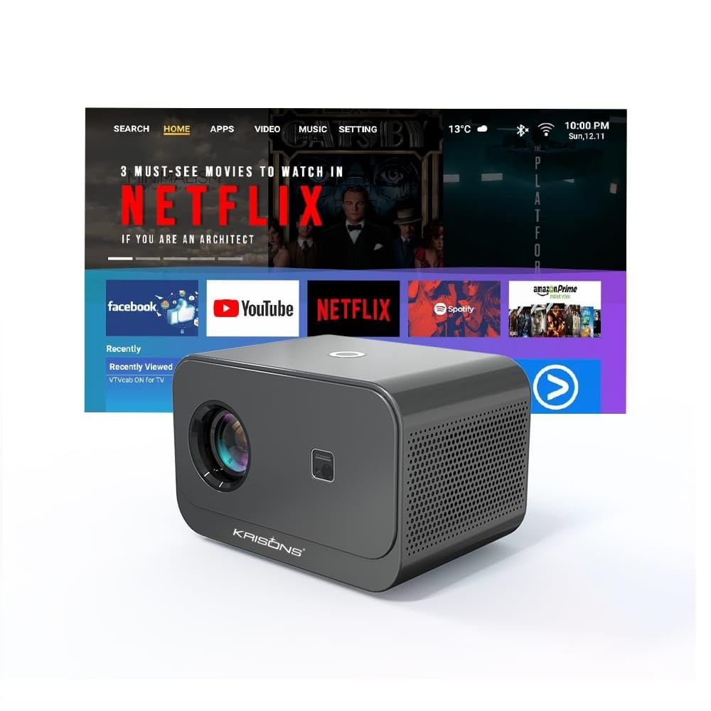 Krisons Razor-002 Smart LED Projector with 1080p HD Resolution,Built-in Streaming Apps(Netflix etc.),8000 Lumens, Screen Mirroring,5 Watts Speaker,2+32GB,Android+BT+WiFi