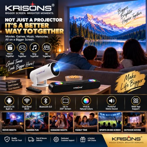 Krisons Zytel-003 Smart LED Projector with 1080p HD Resolution, Rotatable Design, Built-in Streaming Apps(Netflix etc.), 3500 Lumens, Screen Mirroring,1+16GB,Android+BT+WiFi ,with Free 20W Sound Bar