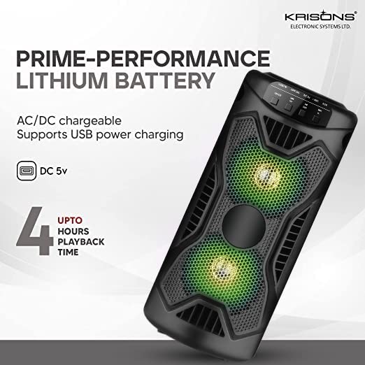 KRISONS Rockstar 4” Double Woofer 20W Multi-Media Bluetooth Party Speaker with Wired Mic for Karaoke, RGB Lights, USB, SD Card and FM Radio