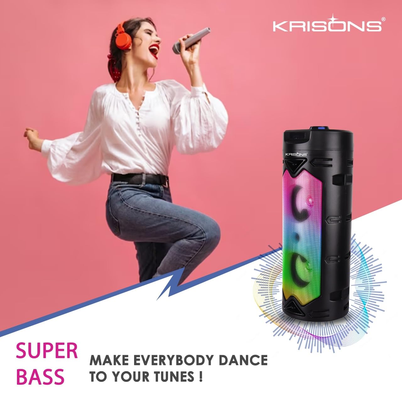 Krisons Cylender 333 – 50W Bluetooth Party Tower Speaker with Double 4" Woofers, RGB Lights, FM, USB, SD & Wired Mic