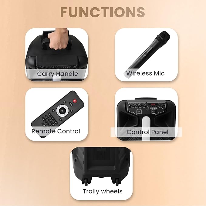 Krisons Hungama-003 160W Bluetooth Party Speaker with Built in Wheels, Immersive Visual Display, Personalized Karaoke, Control - Volume, bass, Treble and Echo adjustments with RGB Lights (Orange)