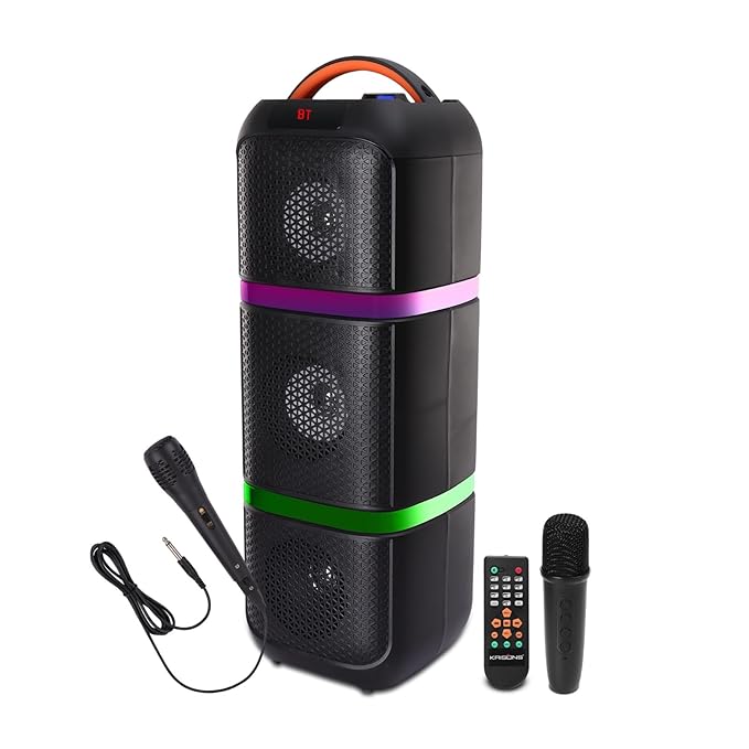 KRISONS Eternal Triple Woofer 100 W Multi-Media Bluetooth Party Tower Speaker with One Wireless Mic, One Wired Mic for Karaoke with Remote, in Built Digital Display, RGB Lights, USB, SD Card