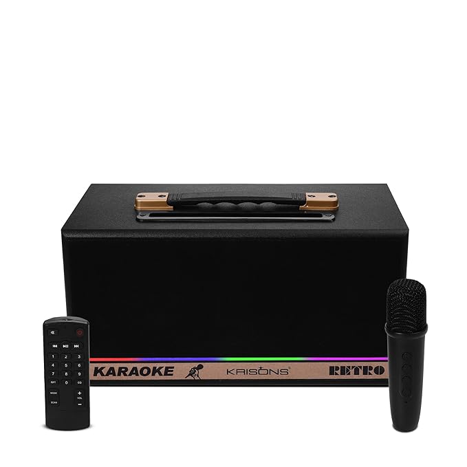 KRISONS Retro Bluetooth Party Speaker 60W| Karaoke Wireless Mic| Portable Trolley Outdoor Speaker | Inbuilt Battery Upto 6 Hours Playtime| Aux/TF/USB/Dual 4" Driver