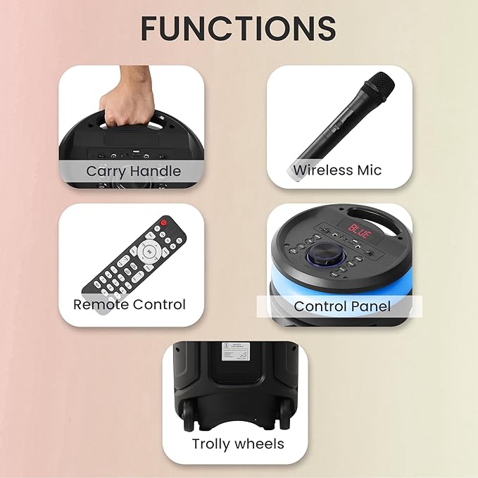 Krisons Hungama-002 160W Bluetooth Party Speaker with Wheels, RGB Lights & Karaoke Control