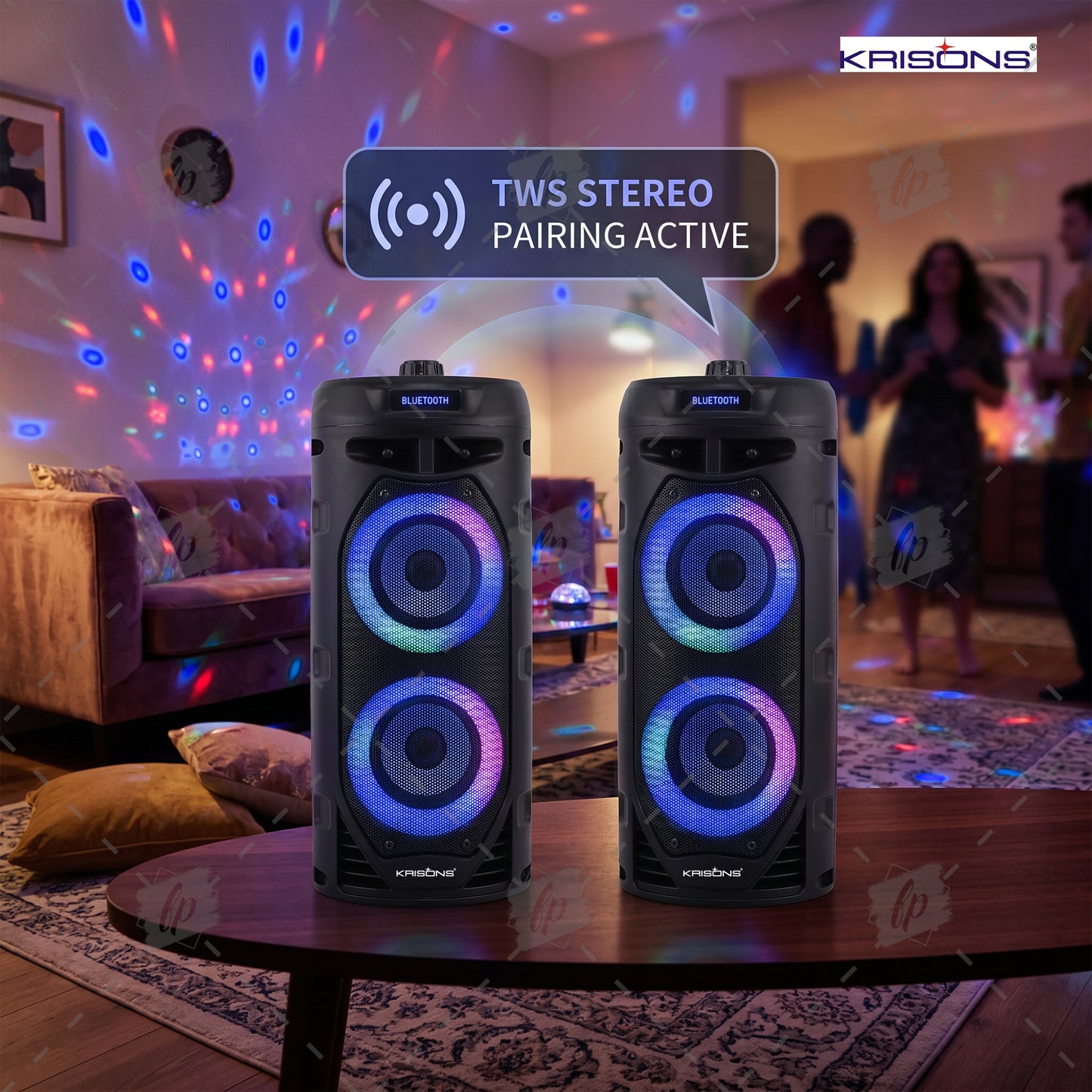 Krisons Cylender V2 Double Woofer 50W Multi-Media Bluetooth Party Speaker with Wired Mic for Karaoke,2400 MAH Battery, Digital Display,RGB Lights, USB, SD Card, FM Radio,Auto TWS Function