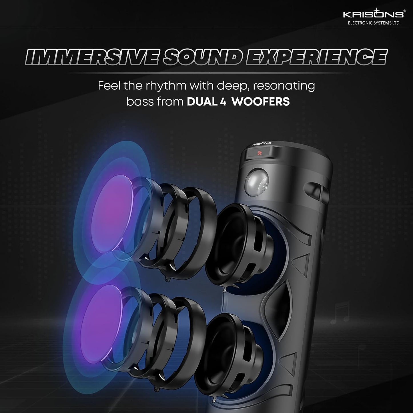 Krisons Cylender 111 | 40W Bluetooth Portable Speaker with Dual Woofers, Mic & Torch