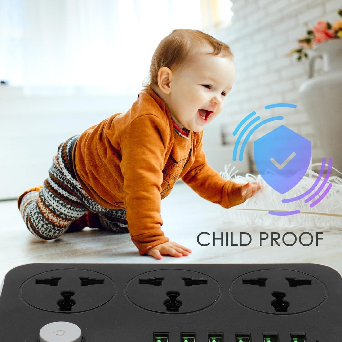 Krisons Power Plate 002 with 6 USB Port + 3 Power Sockets Smart Electric Universal Extension Board Multi Plug with 2500W, 3Mtr Cord Length, 2.1A USB Output(Black)