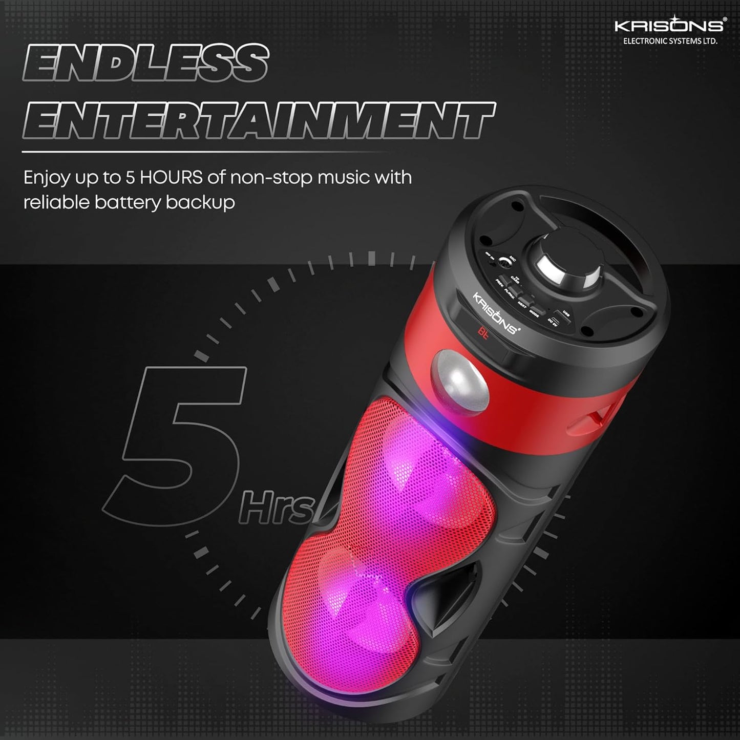 Krisons Cylender 111 40W Portable Speaker with 4" Double Woofers, Free Wired Mic for Karaoke, in Built Torch, Remote Control with Bluetooth, FM, USB, Micro SD Card Connectivity (Red)