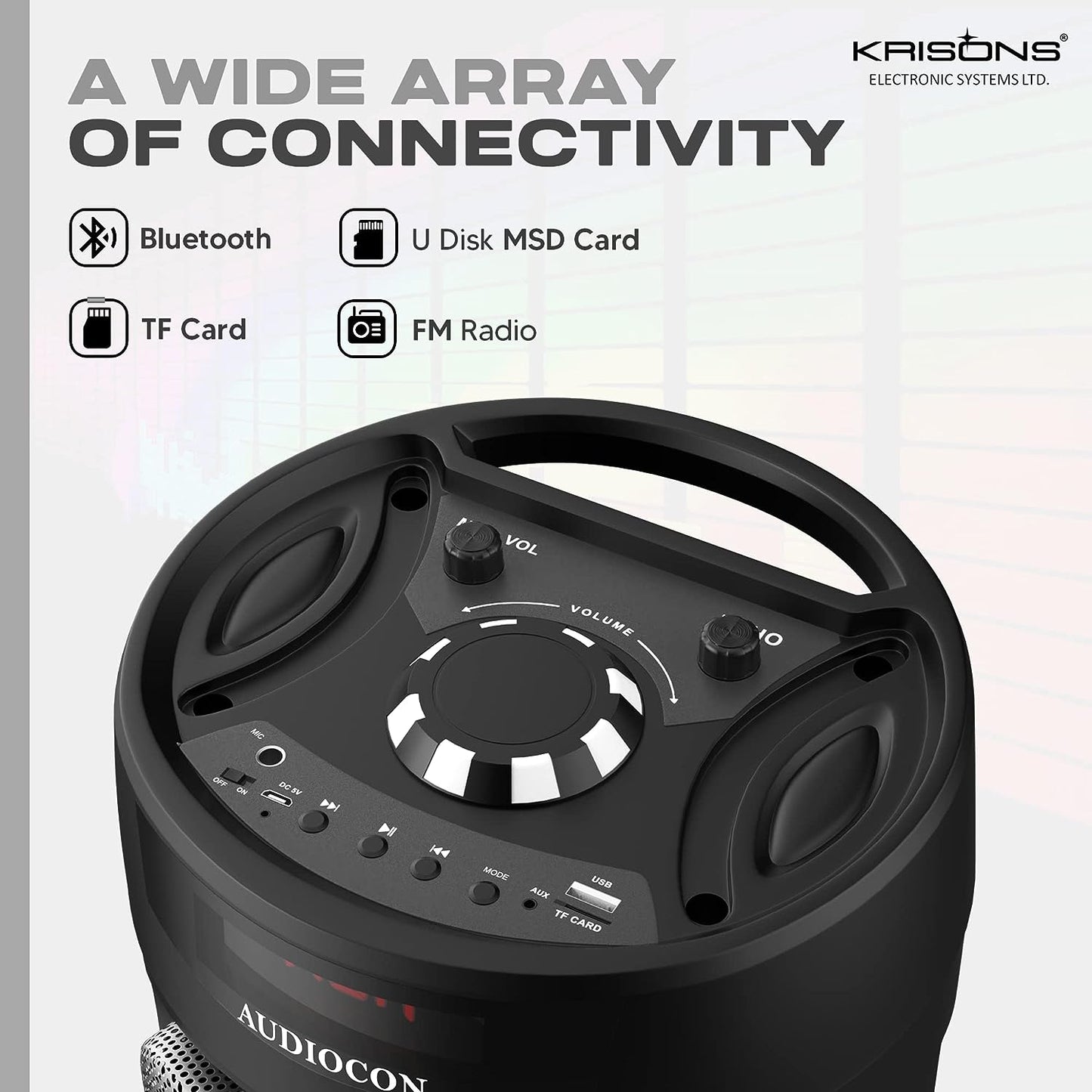 Krisons Cyclone 6” Double Woofer 100 W Multi-Media Bluetooth Party Tower Speaker with Wireless Mic for Karaoke, RGB Lights, USB, SD Card and FM Radio – Black