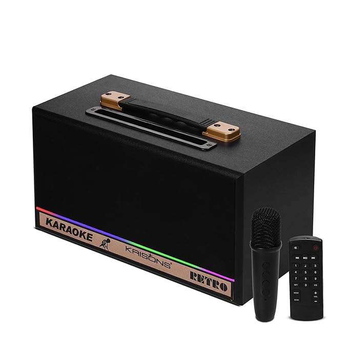 KRISONS Retro Bluetooth Party Speaker 60W| Karaoke Wireless Mic| Portable Trolley Outdoor Speaker | Inbuilt Battery Upto 6 Hours Playtime| Aux/TF/USB/Dual 4" Driver
