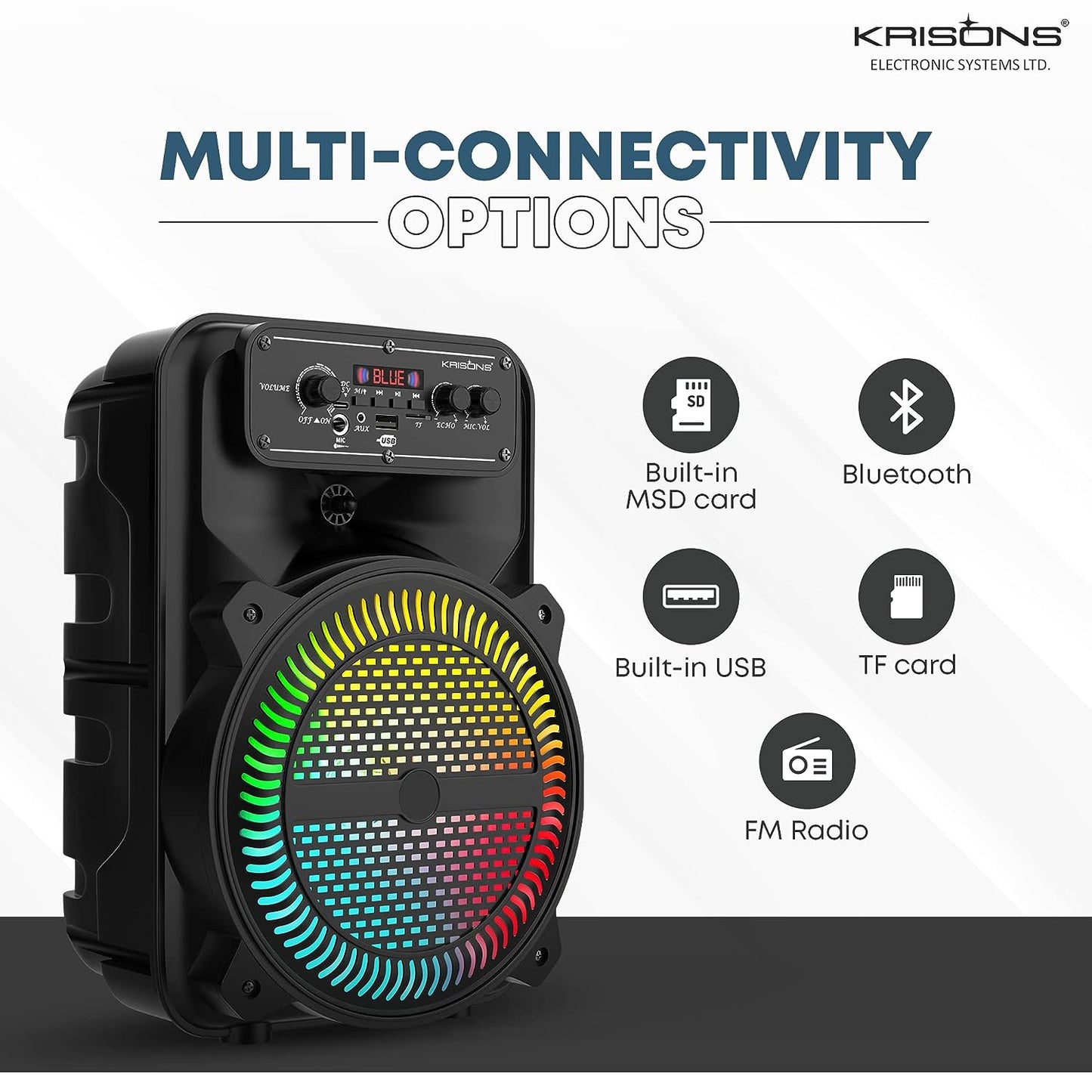 Krisons MoonStar 30W (8" Woofer) Portable Multimedia Gaming Speaker with Wireless Mic for Karaoke, LED Display with Bluetooth, FM, USB, Micro SD Card, AUX Connectivity