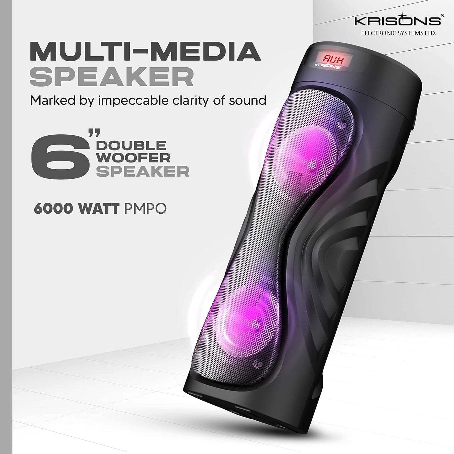 Krisons Cyclone 6” Double Woofer 100 W Multi-Media Bluetooth Party Tower Speaker with Wireless Mic for Karaoke, RGB Lights, USB, SD Card and FM Radio – Black