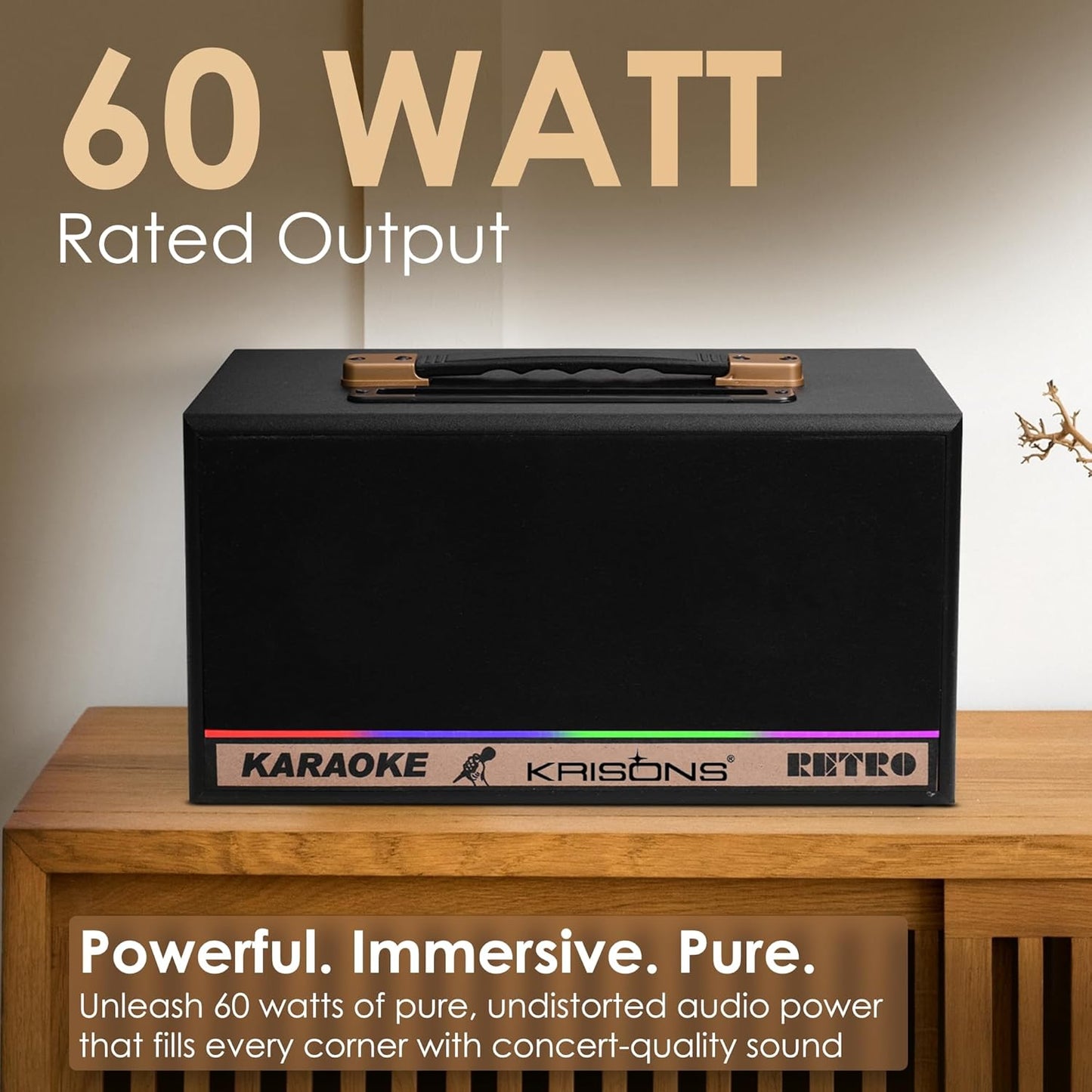 KRISONS Retro Bluetooth Party Speaker 60W| Karaoke Wireless Mic| Portable Trolley Outdoor Speaker | Inbuilt Battery Upto 6 Hours Playtime| Aux/TF/USB/Dual 4" Driver