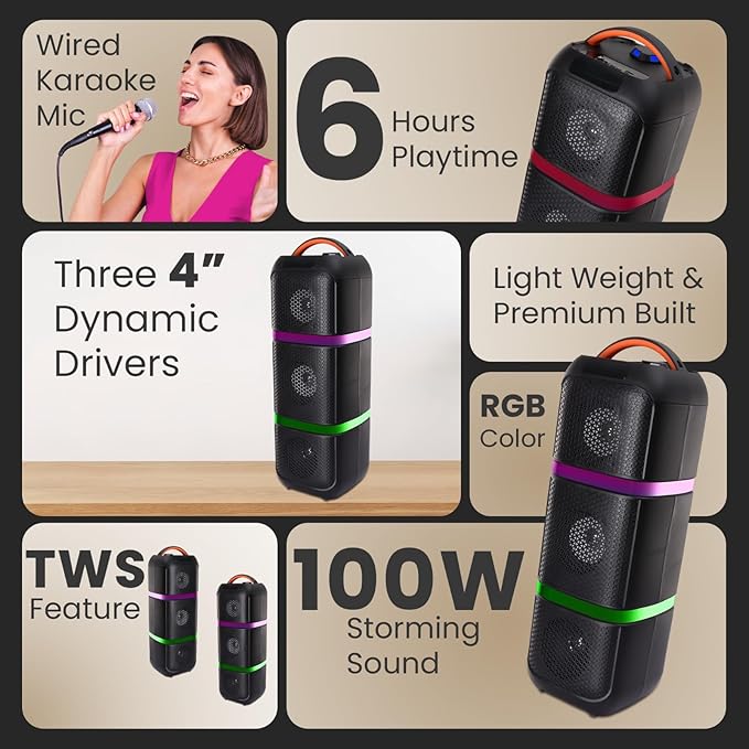 KRISONS Eternal Triple Woofer 100 W Multi-Media Bluetooth Party Tower Speaker with One Wireless Mic, One Wired Mic for Karaoke with Remote, in Built Digital Display, RGB Lights, USB, SD Card