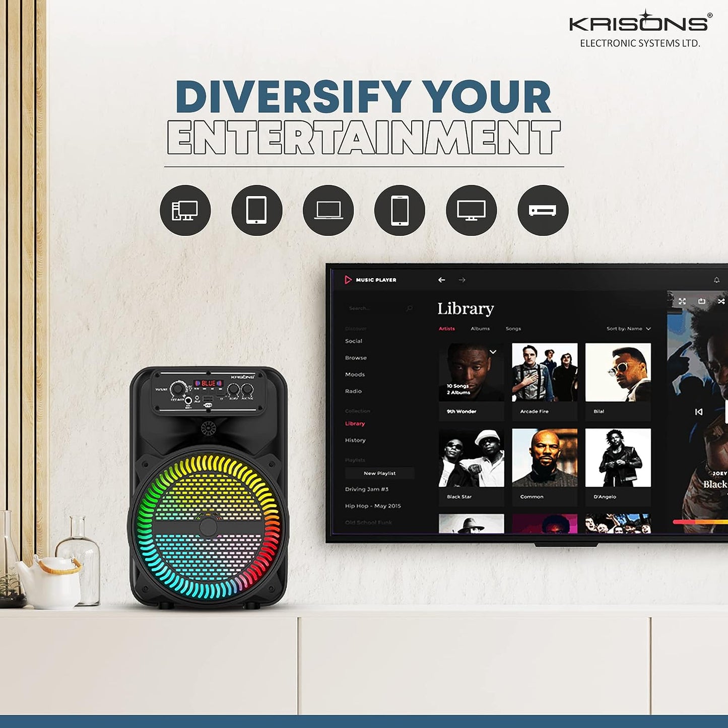 Krisons MoonStar 30W (8" Woofer) Portable Multimedia Gaming Speaker with Wireless Mic for Karaoke, LED Display with Bluetooth, FM, USB, Micro SD Card, AUX Connectivity