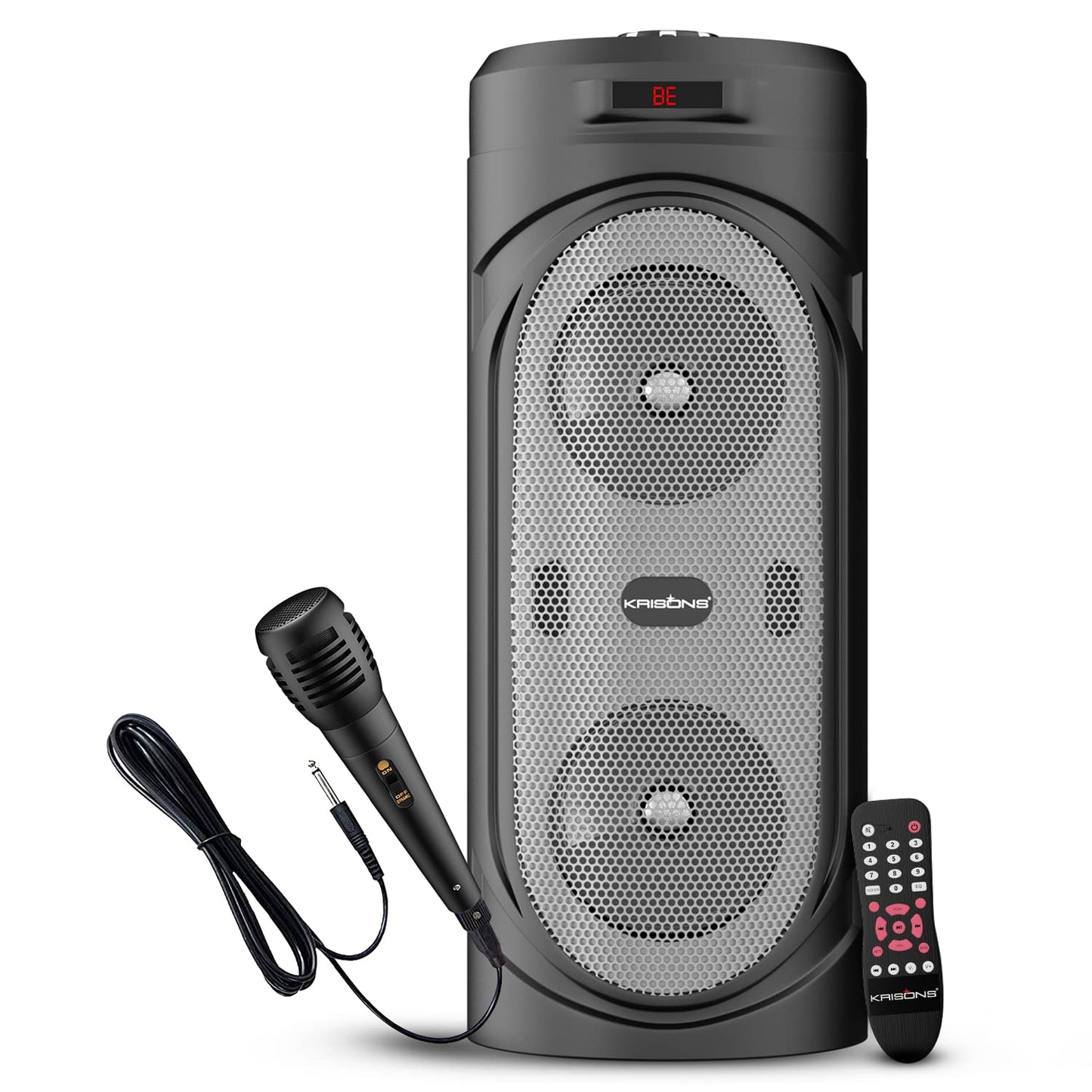 Krisons 4" SilverStar Double Woofer 40W Multi-Media Bluetooth Party Speaker with Wired Mic for Karaoke,Digital Display, RGB Lights, USB, SD Card and FM Radio