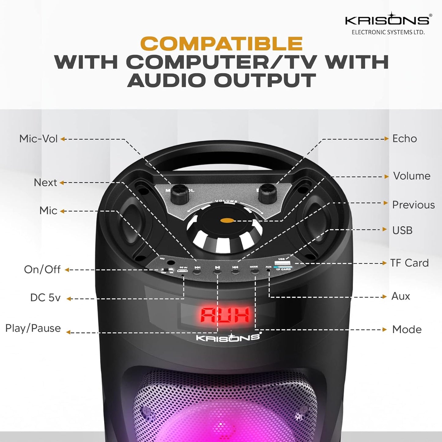 Krisons Cyclone 100W Bluetooth Party Tower Speaker with Dual Woofer, RGB Lights & Wireless Mic – Black