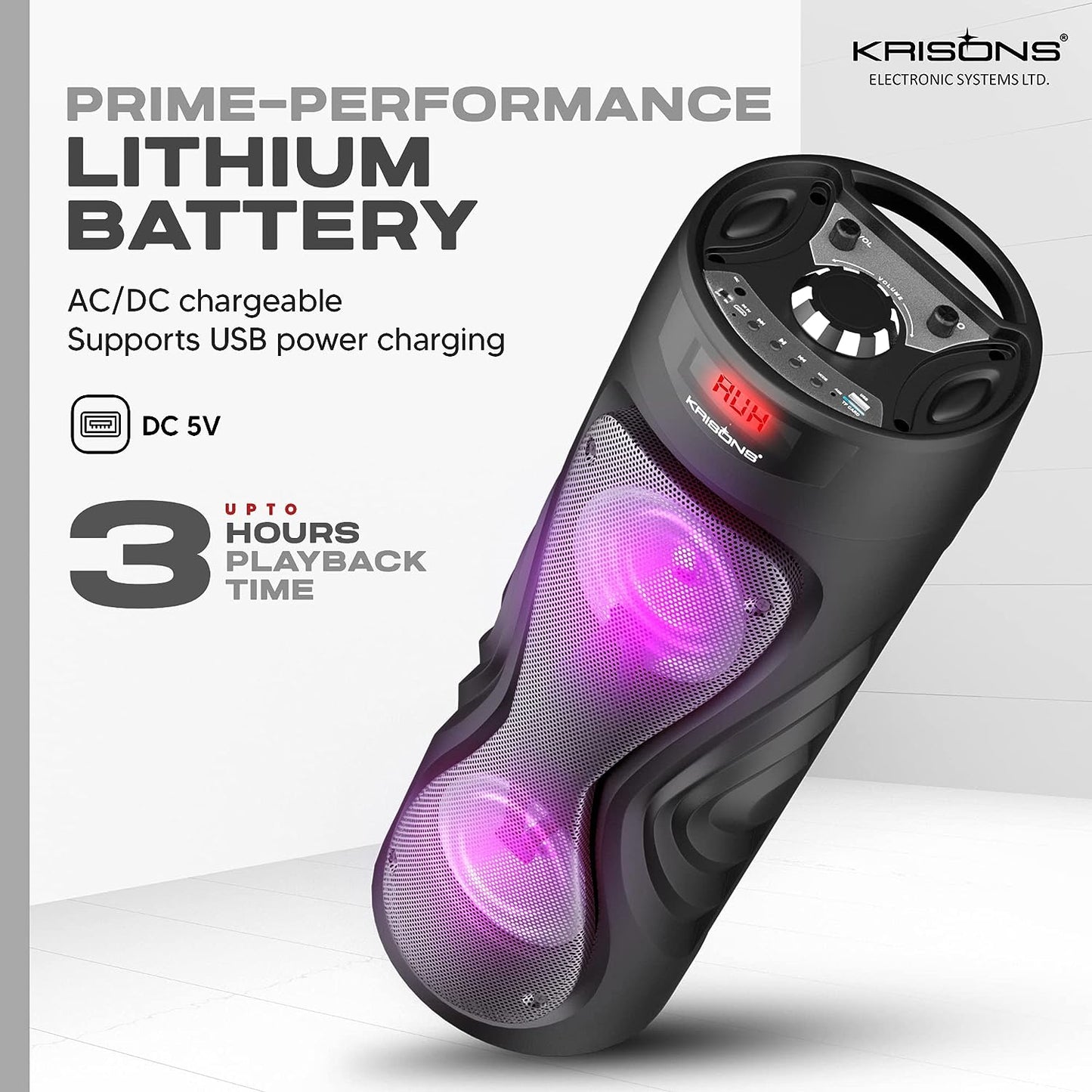 Krisons Cyclone 6” Double Woofer 100 W Multi-Media Bluetooth Party Tower Speaker with Wireless Mic for Karaoke, RGB Lights, USB, SD Card and FM Radio – Black