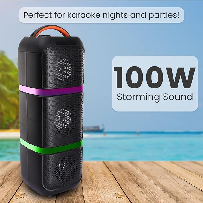 KRISONS Eternal Triple Woofer 100 W Multi-Media Bluetooth Party Tower Speaker with One Wireless Mic, One Wired Mic for Karaoke with Remote, in Built Digital Display, RGB Lights, USB, SD Card