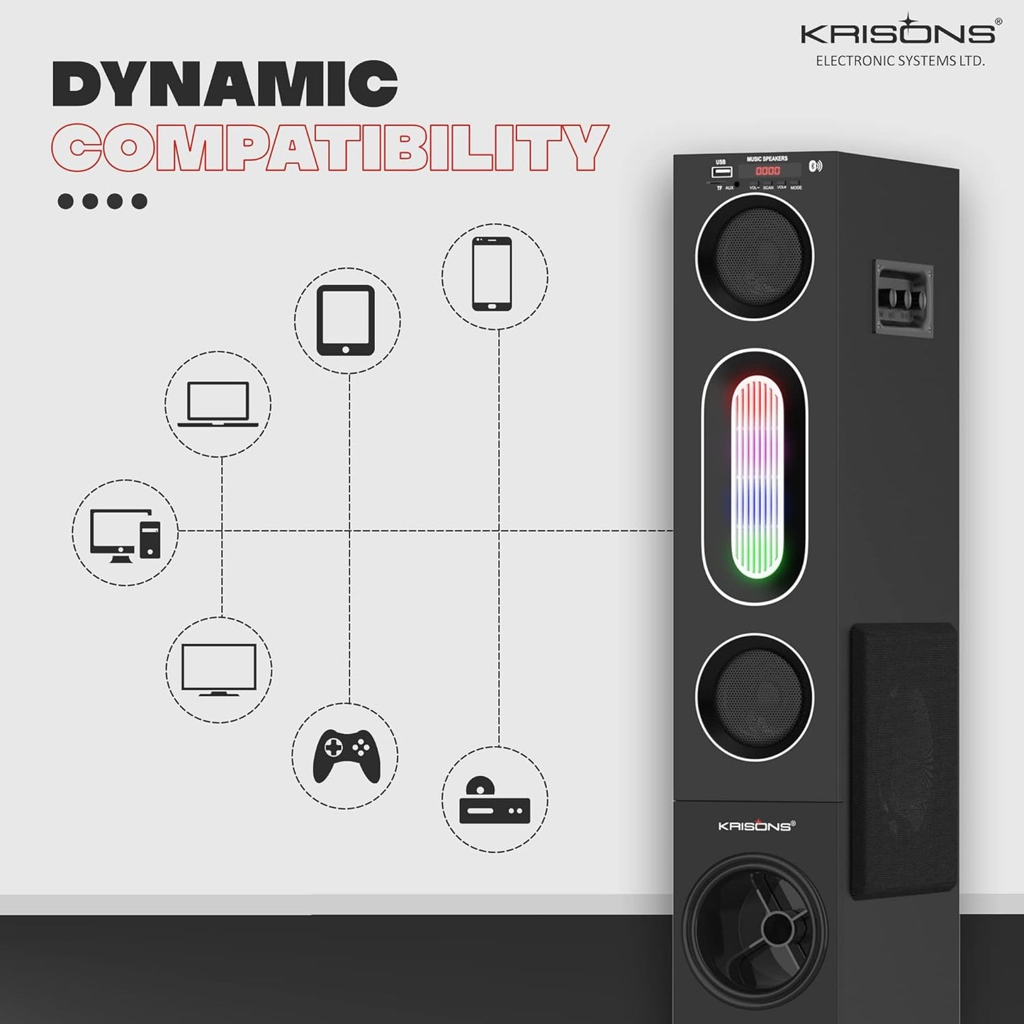 Krisons Cloudbuster Tallboy Tower Speaker, Multimedia Home Theatre, Floor Standing Speaker, RGB Lights, with Bluetooth, FM, USB, AUX Connectivity