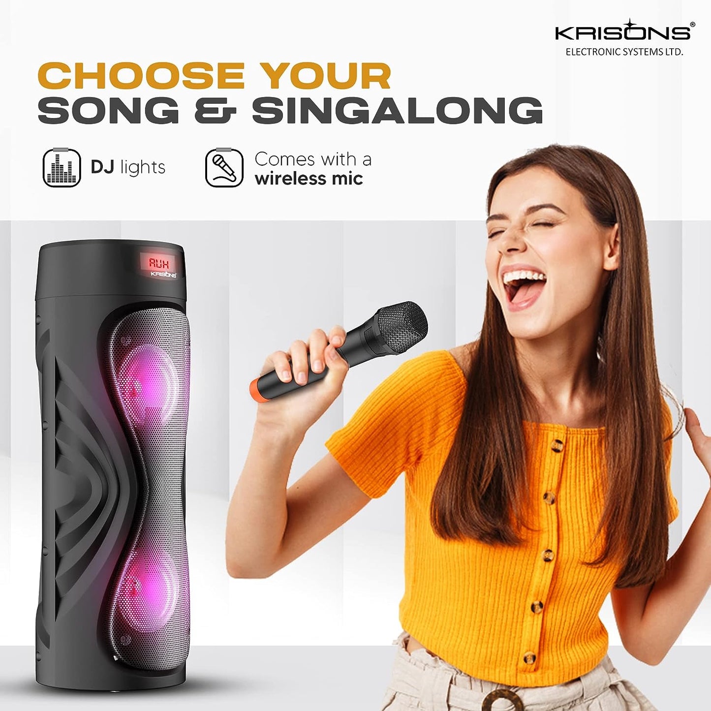 Krisons Cyclone 6” Double Woofer 100 W Multi-Media Bluetooth Party Tower Speaker with Wireless Mic for Karaoke, RGB Lights, USB, SD Card and FM Radio – Black