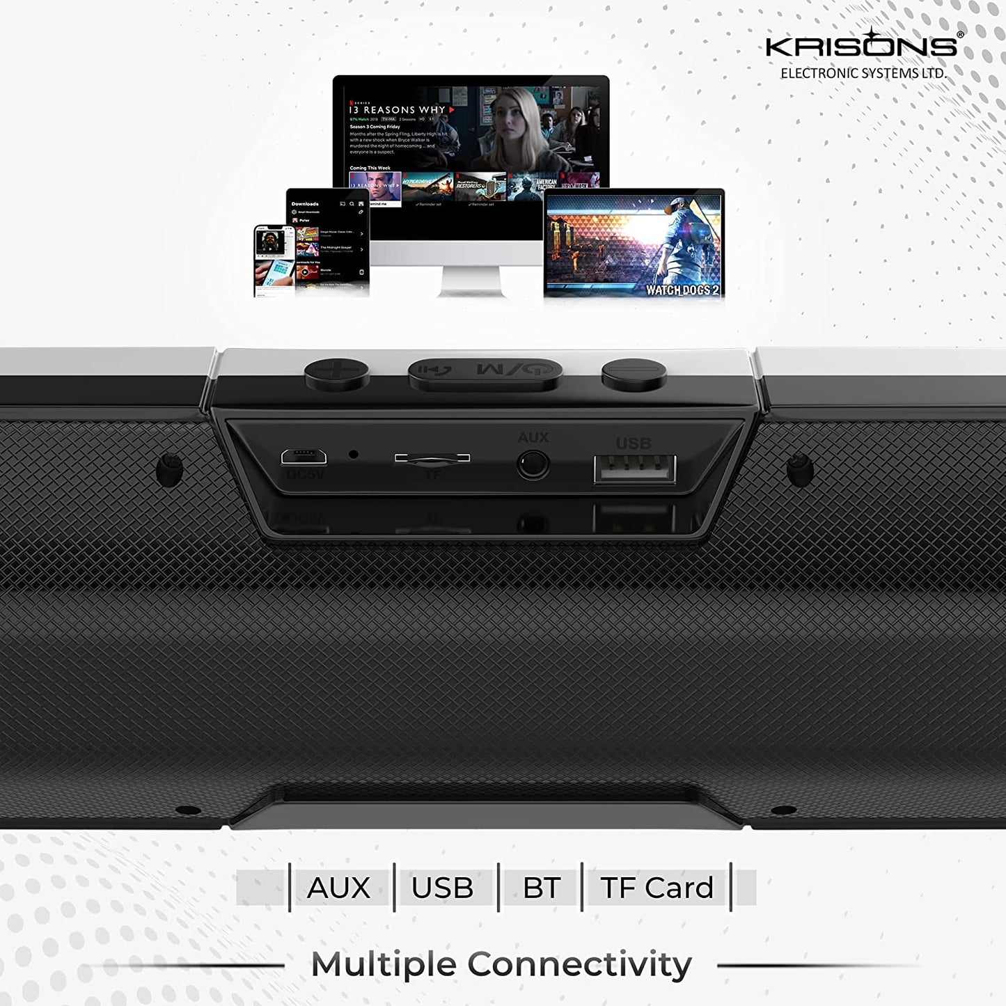 Krisons Wonder soundbar 20W Portable Bluetooth Speaker with Bass, Music System for Home Theatre, Living Room & Travelling, Mini Sound System for LED TV, Mobile, PC, Projector, Laptop