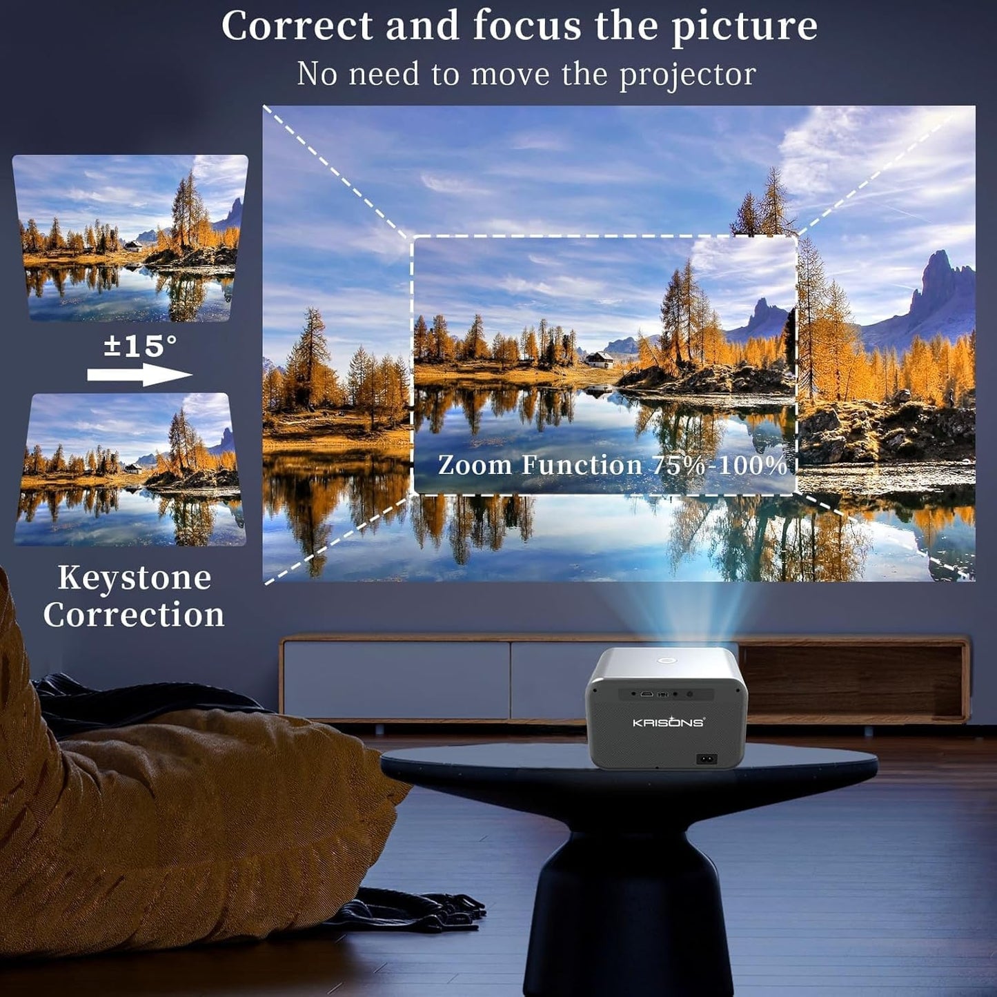Krisons Razor-002 Smart LED Projector | 1080p HD | 8000 Lumens | Android | WiFi | Bluetooth | Built-in Speakers | 2+32GB | Netflix & Screen Mirroring – Black
