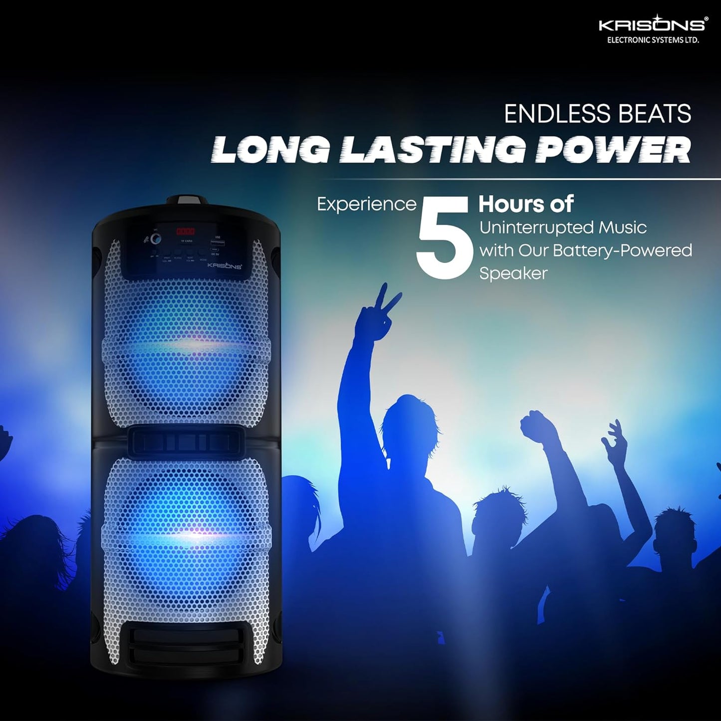 Krisons Cylender 222-50W Portable Speaker with Double 6" Woofers, Wireless Mic & RGB Lights