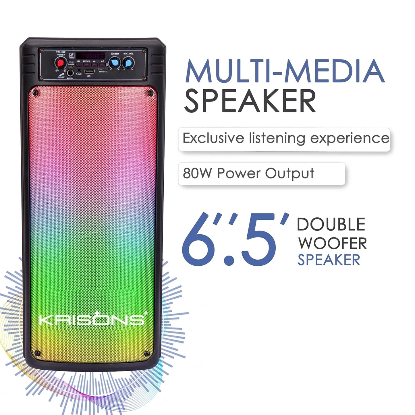 Krisons Disco Double Woofer 80 W Multi-Media Bluetooth Party Tower Speaker with Wireless Mic for Karaoke, in Built Digital Display, RGB Lights, USB, SD Card and FM Radio