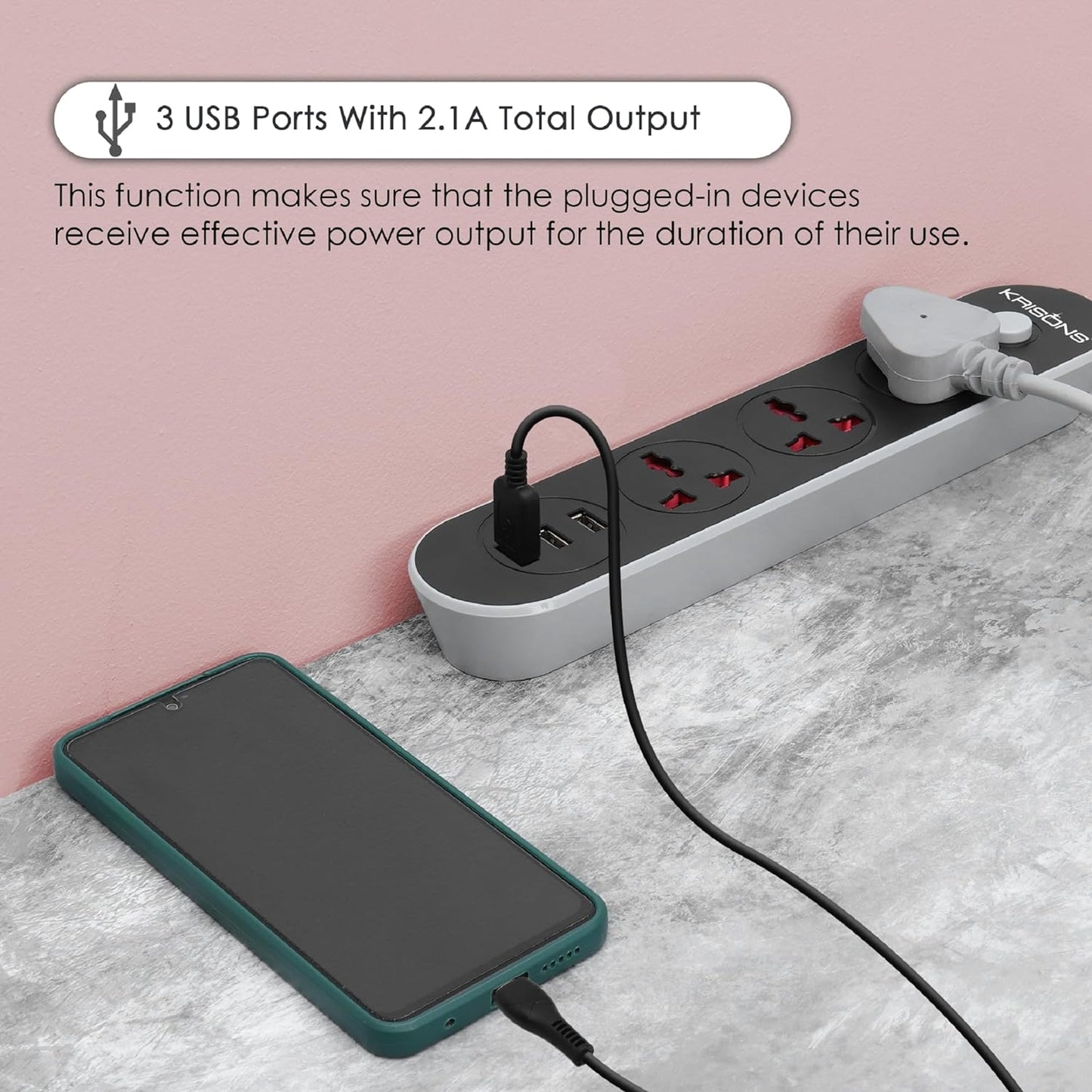 Krisons Power Plate 001 with 3 USB Port + 3 Power Sockets Smart Electric Universal Extension Board Multi Plug with 2500W, 3Mtr Cord Length, 2.1A USB Output(Black)