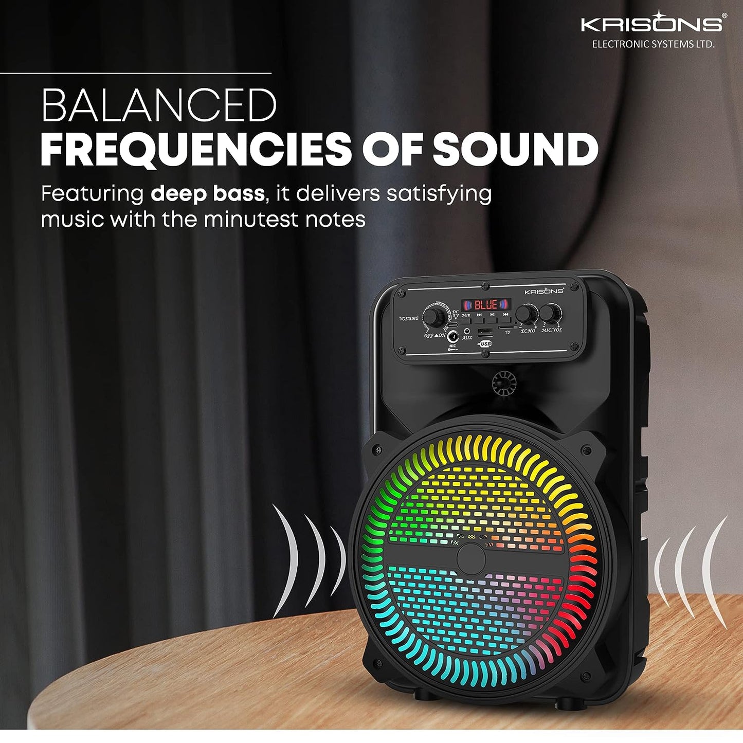 Krisons MoonStar 30W (8" Woofer) Portable Multimedia Gaming Speaker with Wireless Mic for Karaoke, LED Display with Bluetooth, FM, USB, Micro SD Card, AUX Connectivity