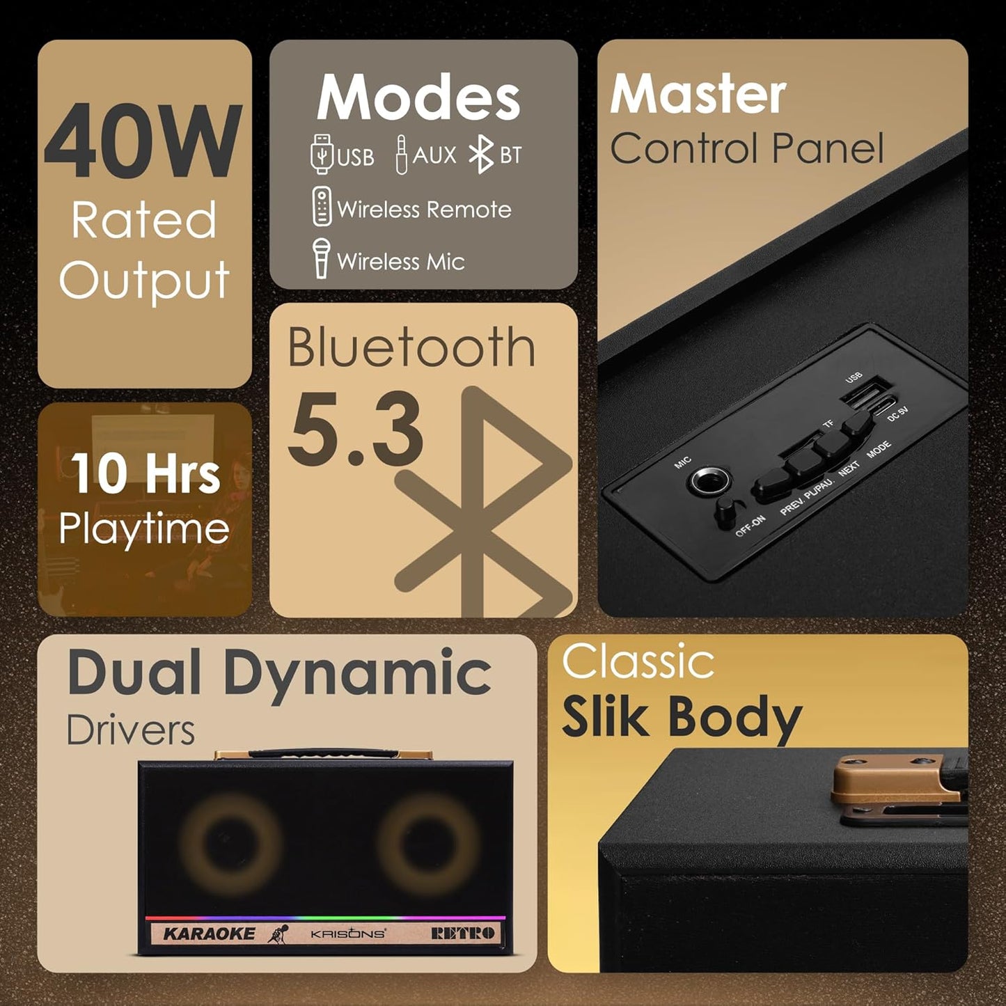 KRISONS Retro 60W Bluetooth Party Speaker with Wireless Karaoke Mic & 6-Hour Battery