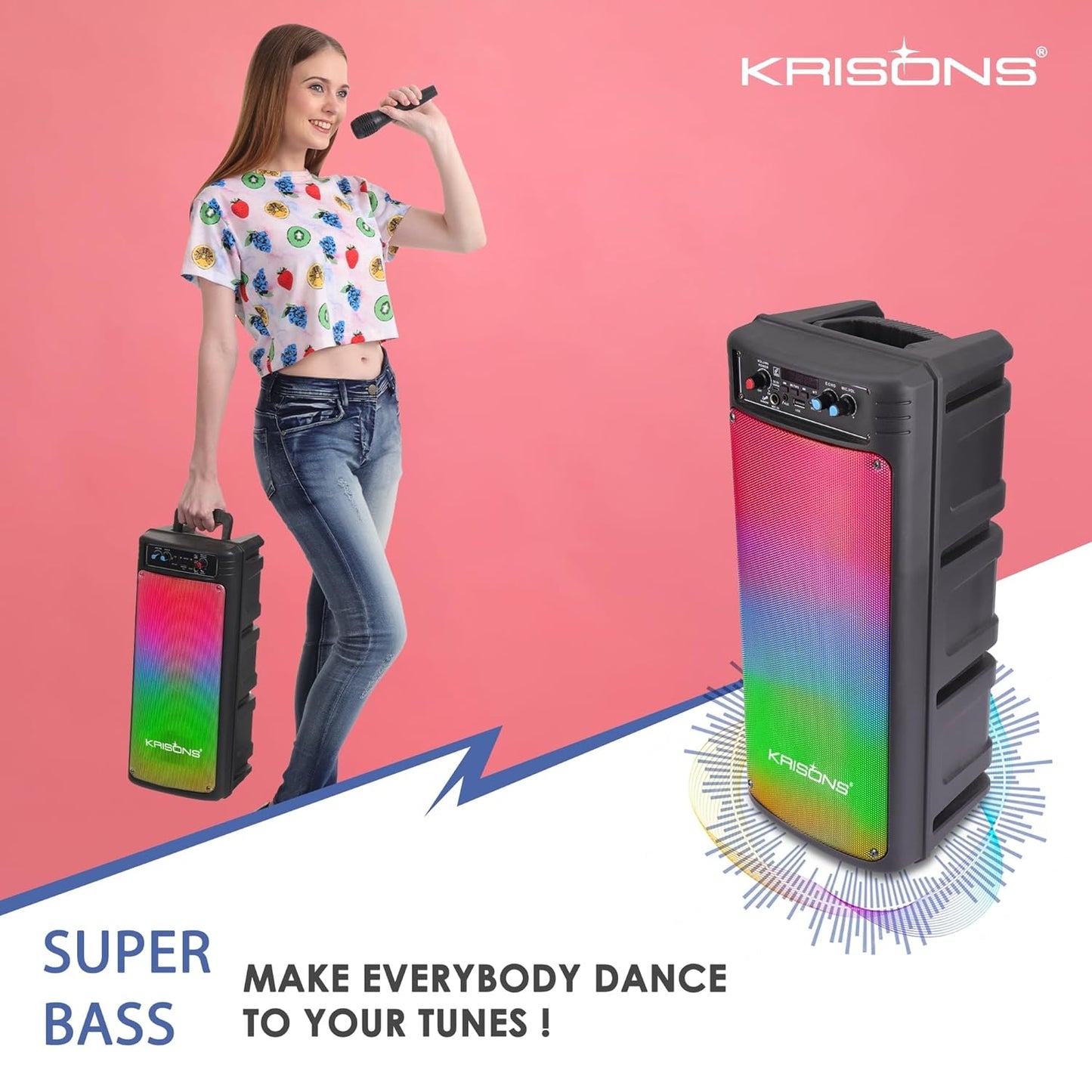 Krisons Disco Double Woofer 80 W Multi-Media Bluetooth Party Tower Speaker with Wireless Mic for Karaoke, in Built Digital Display, RGB Lights, USB, SD Card and FM Radio