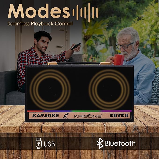 KRISONS Retro Bluetooth Party Speaker 60W| Karaoke Wireless Mic| Portable Trolley Outdoor Speaker | Inbuilt Battery Upto 6 Hours Playtime| Aux/TF/USB/Dual 4" Driver