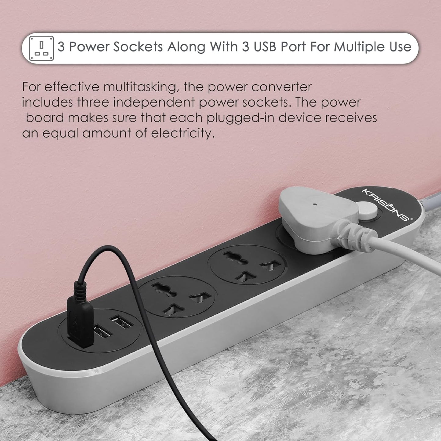 Krisons Power Plate 001 with 3 USB Port + 3 Power Sockets Smart Electric Universal Extension Board Multi Plug with 2500W, 3Mtr Cord Length, 2.1A USB Output(Black)