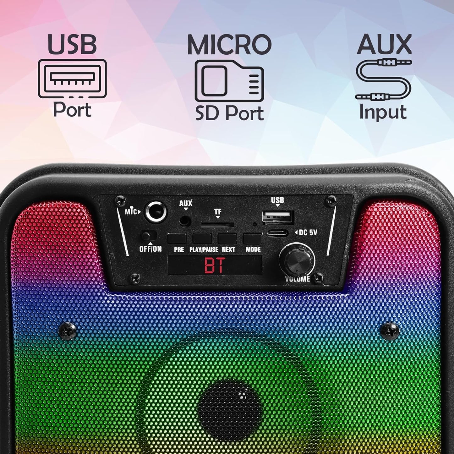 Krisons Rainbow 40W Double Woofer Bluetooth Party Speaker with Mic, RGB Lights & TWS