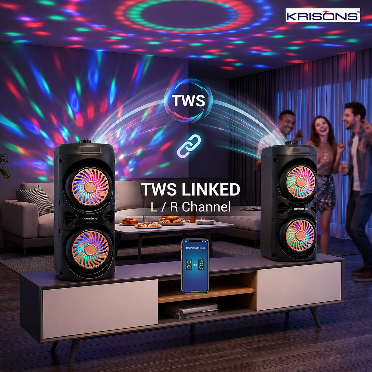 Krisons Cylender V1 Double Woofer 45W Multi-Media Bluetooth Party Speaker with Wired Mic for Karaoke,2400 MAH Battery, Digital Display,RGB Lights, USB, SD Card, FM Radio,Auto TWS Function