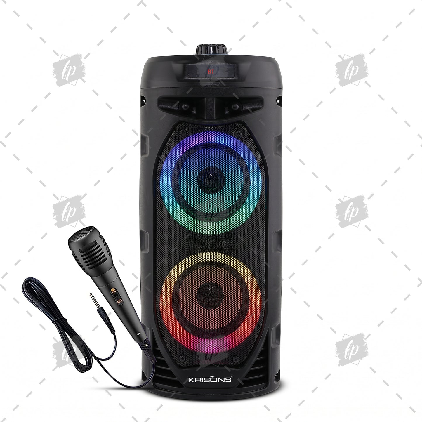 Krisons Cylender V2 Double Woofer 50W Multi-Media Bluetooth Party Speaker with Wired Mic for Karaoke,2400 MAH Battery, Digital Display,RGB Lights, USB, SD Card, FM Radio,Auto TWS Function