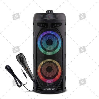 Krisons Cylender V2 Double Woofer 50W Multi-Media Bluetooth Party Speaker with Wired Mic for Karaoke,2400 MAH Battery, Digital Display,RGB Lights, USB, SD Card, FM Radio,Auto TWS Function