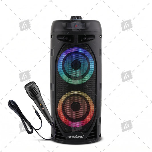 Krisons Cylender V2 Double Woofer 50W Multi-Media Bluetooth Party Speaker with Wired Mic for Karaoke,2400 MAH Battery, Digital Display,RGB Lights, USB, SD Card, FM Radio,Auto TWS Function