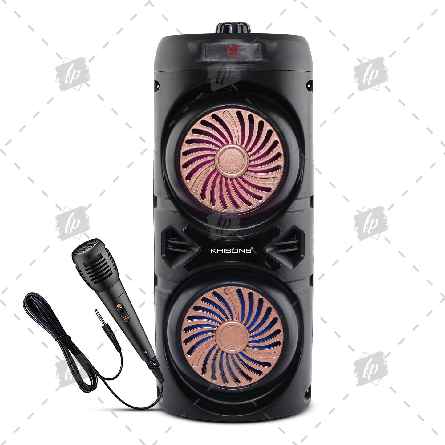 Krisons Cylender V1 Double Woofer 45W Multi-Media Bluetooth Party Speaker with Wired Mic for Karaoke,2400 MAH Battery, Digital Display,RGB Lights, USB, SD Card, FM Radio,Auto TWS Function