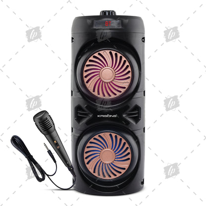 Krisons Cylender V1 Double Woofer 45W Multi-Media Bluetooth Party Speaker with Wired Mic for Karaoke,2400 MAH Battery, Digital Display,RGB Lights, USB, SD Card, FM Radio,Auto TWS Function