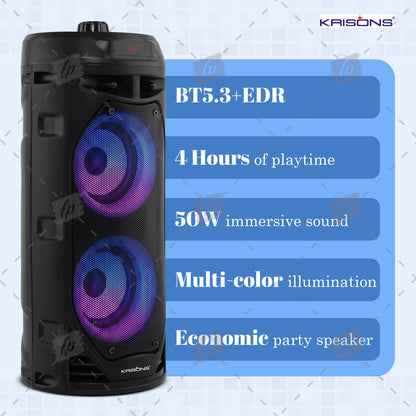 Krisons Cylender V2 Double Woofer 50W Multi-Media Bluetooth Party Speaker with Wired Mic for Karaoke,2400 MAH Battery, Digital Display,RGB Lights, USB, SD Card, FM Radio,Auto TWS Function