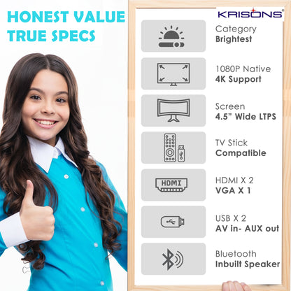KRISONS-RAZOR 001 Android 12(2GB+16GB),4K HDR10,Semi Closed Engine, 4K Projector,100 ANSI, Full Automatic (OA+AF+TILT), HDMI ARC, BT 5.2, Dual WiFi 6, 3D With free Fire Stick,20 Watts Sound Bar