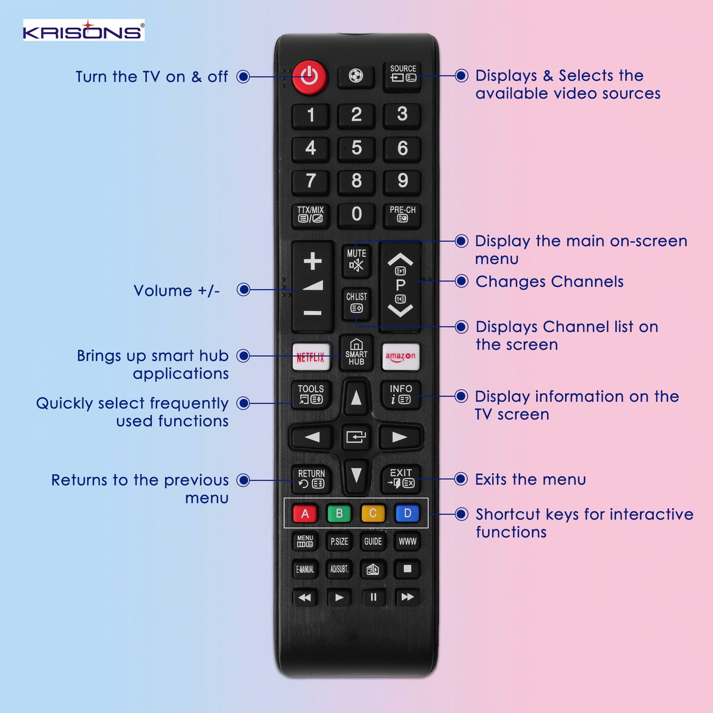 Krisons Original Universal Remote Control Compatible for All Samsung TV Compatible All Samsung LCD LED HDTV 3D Smart TVs Models