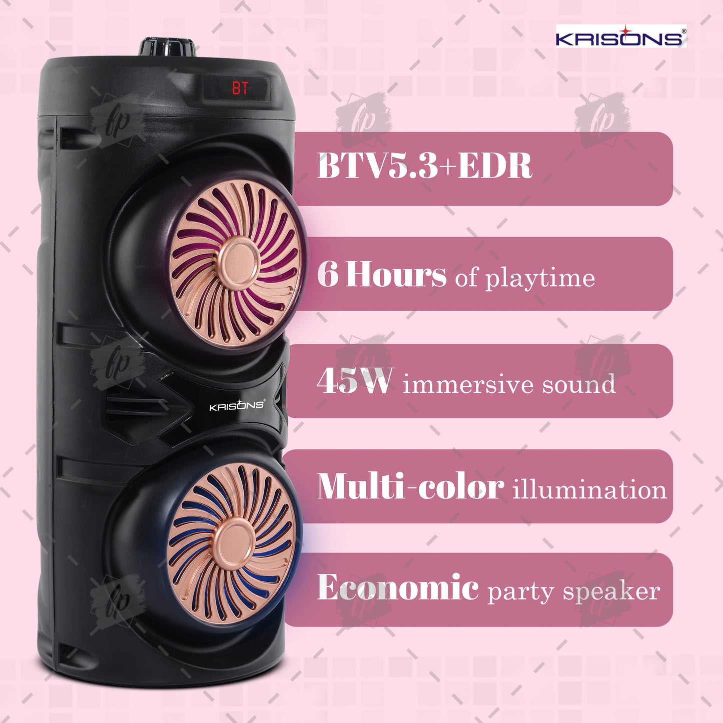 Krisons Cylender V1 Double Woofer 45W Multi-Media Bluetooth Party Speaker with Wired Mic for Karaoke,2400 MAH Battery, Digital Display,RGB Lights, USB, SD Card, FM Radio,Auto TWS Function